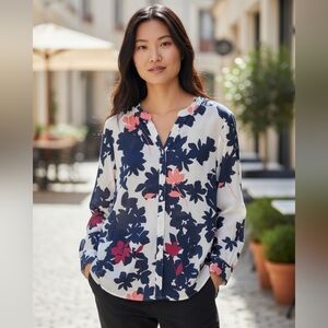 Liz Claiborne White Button-Down Blouse with Black and Rose Floral Print